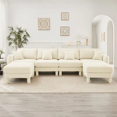 Streamdale Furniture Streamdale Boucle U-shape Sectional Sofa With Shell Armrests & Ottomans - Beige In White
