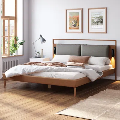 Streamdale Furniture Streamdale Brown & Gray Leather Full Size Bed With 2pcs Night Lights