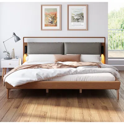 Streamdale Furniture Streamdale Brown & Gray Leather King Bed With 2pcs Night Lights