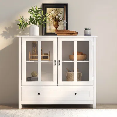Streamdale Furniture Streamdale Buffet Storage Cabinet With Double Glass Doors And Unique Bell In White