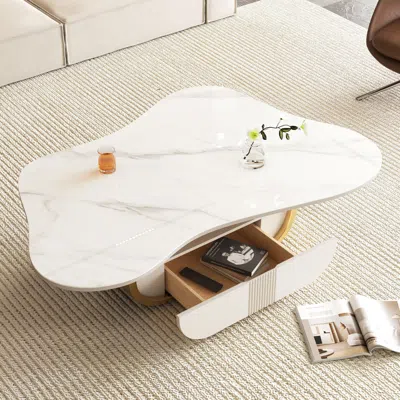 Streamdale Furniture Streamdale Butterfly Coffee Table - Sintered Stone Top, Storage & Drawer In White