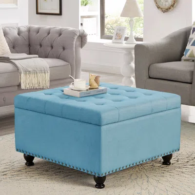 Streamdale Furniture Streamdale Button Tufted Square Storage Ottoman With Wooden Legs For Living/bedroom In Blue