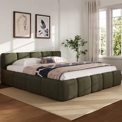 Streamdale Furniture Streamdale California King Green Linen Platform Bed With Thick Headboard/footboard