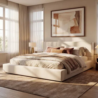 Streamdale Furniture Streamdale California King Upholstered Bed Frame With Linen Headboard And Footboard Beige
