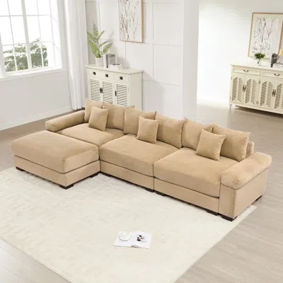 Streamdale Furniture Streamdale Camel 130" Oversized Cloud Modular L-shape Sectional Couch With Ottoman & 9 Pillows In Brown