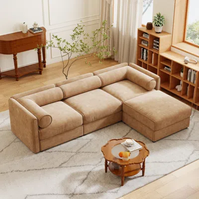 Streamdale Furniture Streamdale Camel Chenille Sofa With Storage Ottoman, L-shaped 3-seater Couch In Neutral