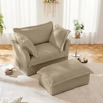 Streamdale Furniture Streamdale Camel Corduroy Armchair Set With Ottoman