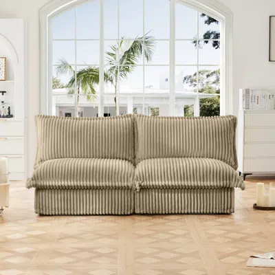 Streamdale Furniture Streamdale Camel Corduroy Armless Sofa With Pillows
