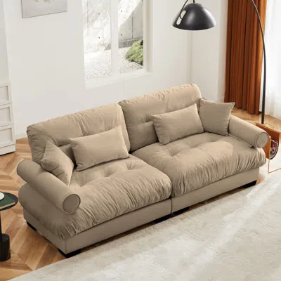 Streamdale Furniture Streamdale Camel Velvet Two-seater Sofa With Pillows