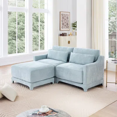 Streamdale Furniture Streamdale Chenille 2-seater Sofa W/ Ottoman & Pillows - Sky Blue