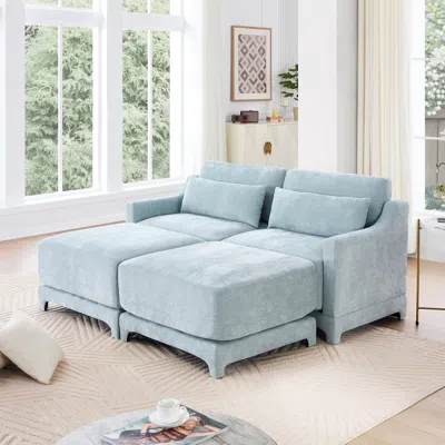 Streamdale Furniture Streamdale Chenille 2-seater Sofa W/ Ottoman & Pillows - Sky Blue