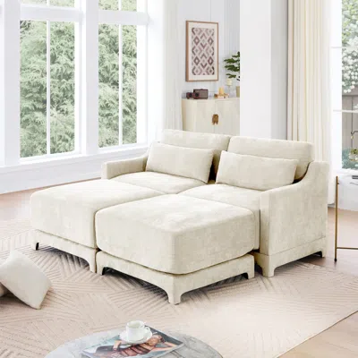 Streamdale Furniture Streamdale Chenille 2-seater Sofa W/ Ottomans & Pillows - Beige