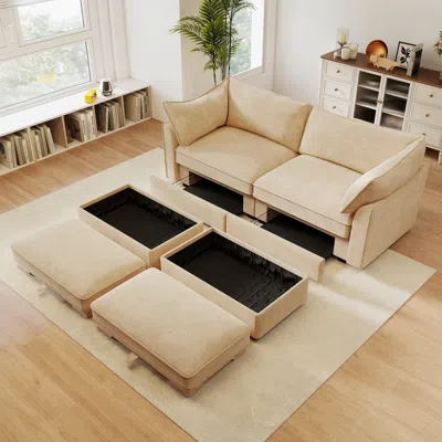 Streamdale Furniture Streamdale Chenille 2-seater Sofa With Storage & Footstools - Wheat