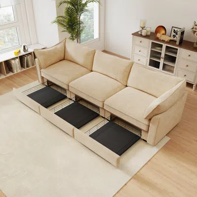 Streamdale Furniture Streamdale Chenille 3-seater Sofa W/ Drawers, Crescent Arms, Wheat In Nude