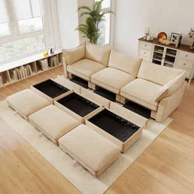Streamdale Furniture Streamdale Chenille 3-seater Sofa With Footstools & Under-seat Drawers - Wheat