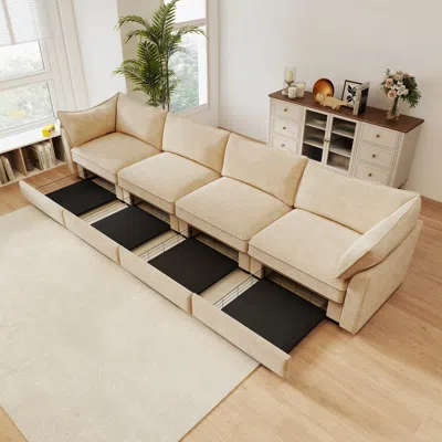 Streamdale Furniture Streamdale Chenille 4-seater Sofa W/ Underseat Drawers & Crescent Arms - Wheat
