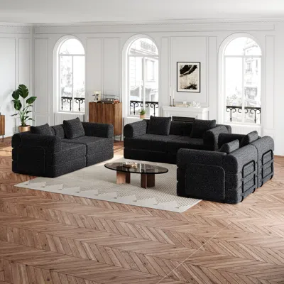 Streamdale Furniture Streamdale Chenille 6-seater Convertible Sofa Bed With Storage In Black