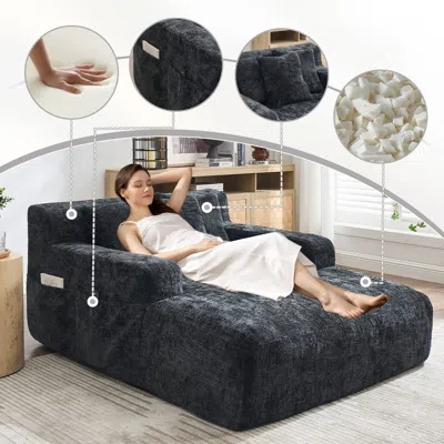 Streamdale Furniture Streamdale Chenille Chaise Lounge Sofa Bed With Pillows - Black