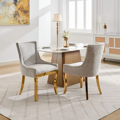 Streamdale Furniture Streamdale Chenille Dining Chairs, Gold Legs, Rivet Trim, Beige, Set Of 2