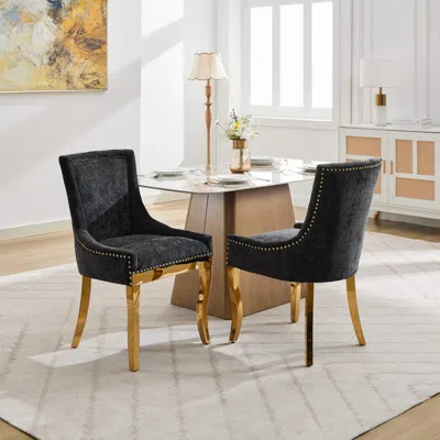 Streamdale Furniture Streamdale Chenille Dining Chairs, Gold Legs, Rivet Trim, Black, Set Of 2
