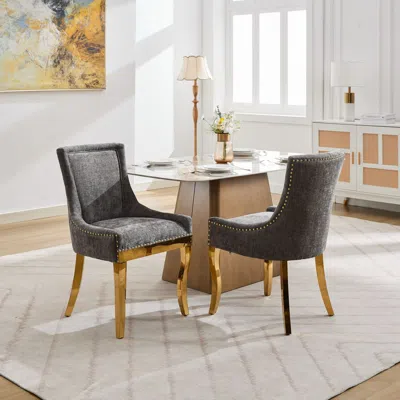 Streamdale Furniture Streamdale Chenille Dining Chairs, Gold Legs, Rivet Trim, Gray, Set Of 2