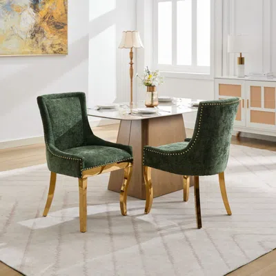 Streamdale Furniture Streamdale Chenille Dining Chairs, Gold Legs, Rivet Trim, Green, Set Of 2