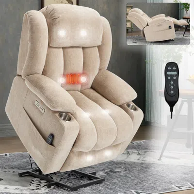 Streamdale Furniture Streamdale Chenille Power Lift Recliner, Massage & Heat, Usb, Cup Holders, Beige