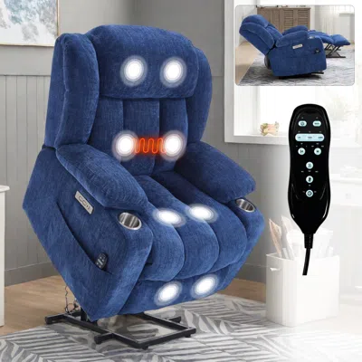 Streamdale Furniture Streamdale Chenille Power Lift Recliner, Massage & Heat, Usb, Cup Holders, Blue