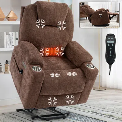 Streamdale Furniture Streamdale Chenille Power Lift Recliner, Massage & Heat, Usb, Cup Holders, Brown
