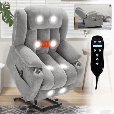 Streamdale Furniture Streamdale Chenille Power Lift Recliner, Massage & Heat, Usb, Cup Holders, Grey