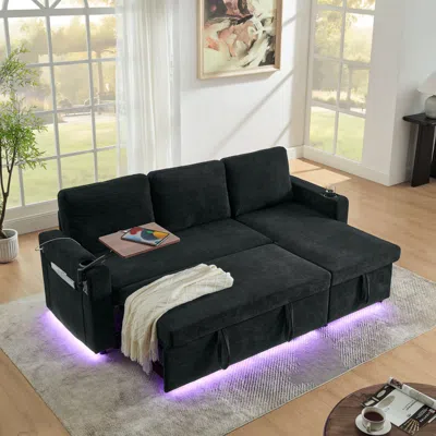 Streamdale Furniture Streamdale Chenille Pull-out Sofa Bed W/ Table, Led, Usb & Cup Holders - Black