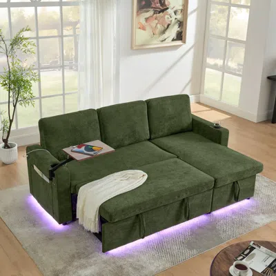 Streamdale Furniture Streamdale Chenille Pull-out Sofa Bed W/ Table, Led, Usb & Cup Holders - Green
