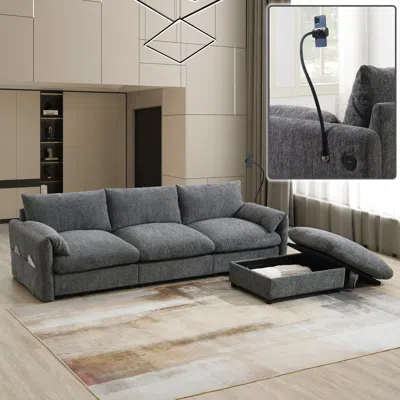 Streamdale Furniture Streamdale Chenille Sectional Sofa W/ Ottoman, Usb, & Phone Holder