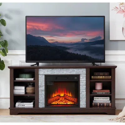 Streamdale Furniture Streamdale Cherry Tv Stand With Stacked Stone Electric Fireplace