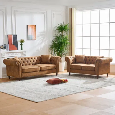 Streamdale Furniture Streamdale Chesterfield Tech Fabric Sofa Set: 3+2 Seater, Mid-century Modern, Brown