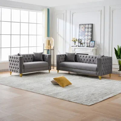 Streamdale Furniture Streamdale Chesterfield Velvet Sofa, 3+2 Seater, Button Nailhead, Grey In Gray