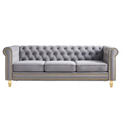 Streamdale Furniture Streamdale Chesterfield Velvet Sofa 84.65 Inch For Living Room Light Grey Color