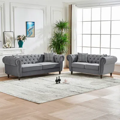 Streamdale Furniture Streamdale Chesterfield Velvet Sofa Set, Roll Arm, Nailhead Trim, Gray