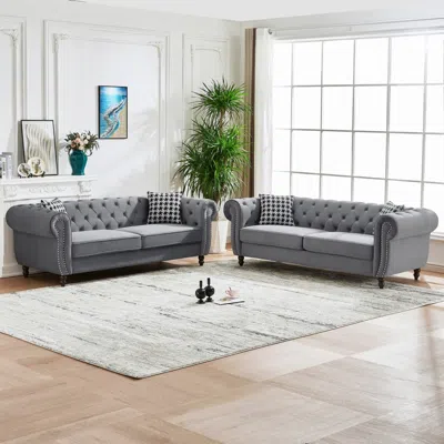Streamdale Furniture Streamdale Chesterfield Velvet Sofa Set, Roll Arm, Nailhead Trim, Mid-century Modern, Gray