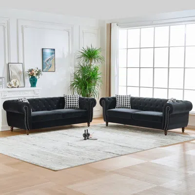 Streamdale Furniture Streamdale Chesterfield Velvet Sofa Set, Roll Arm, Nailhead Trim, Modern Couch, Black