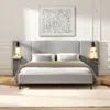 Streamdale Furniture Streamdale Chic Linen Upholstered Bed With Integrated Lights And Shelves, Queen