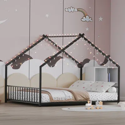 Streamdale Furniture Streamdale Children's Full Size Bed Frame With Led Lights, Roof-shaped Iron, Black
