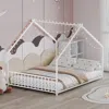 Streamdale Furniture Streamdale Childrenfts Full Size Bed Frame With Led Lights Roof-shaped Iron Bed White
