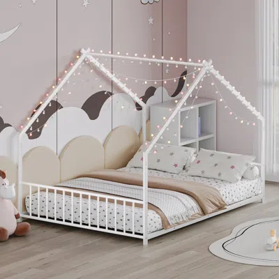 Streamdale Furniture Streamdale Childrenfts Full Size Bed Frame With Led Lights Roof-shaped Iron Bed White