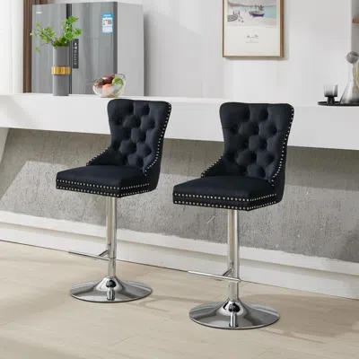 Streamdale Furniture Streamdale Chrome Swivel Velvet Barstools, Adjustable 25-33", Tufted, Black, Set Of 2