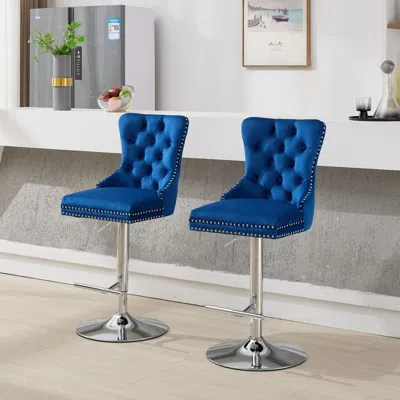 Streamdale Furniture Streamdale Chrome Swivel Velvet Barstools, Adjustable Height, Tufted, Blue, Set Of 2