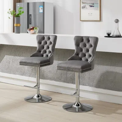 Streamdale Furniture Streamdale Chrome Swivel Velvet Barstools, Adjustable Height, Tufted, Gray (set Of 2)