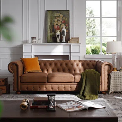 Streamdale Furniture Streamdale Classic Chesterfield Sofa Faux Leather In Brown