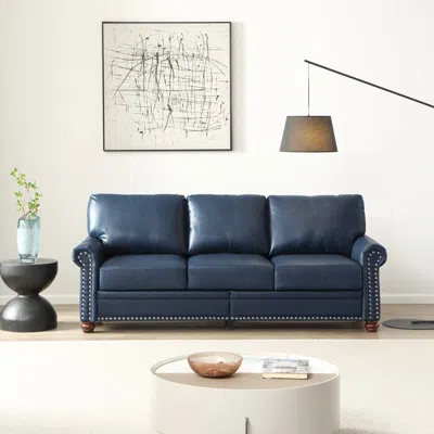 Streamdale Furniture Streamdale Classic Living Room Round Arm With Silver Nails Sofa Navy Blue Faux Leather
