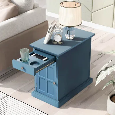 Streamdale Furniture Streamdale Classic Vintage Livingroom End Table Side Table With Usb Ports And One Multifunctional Dr In Blue